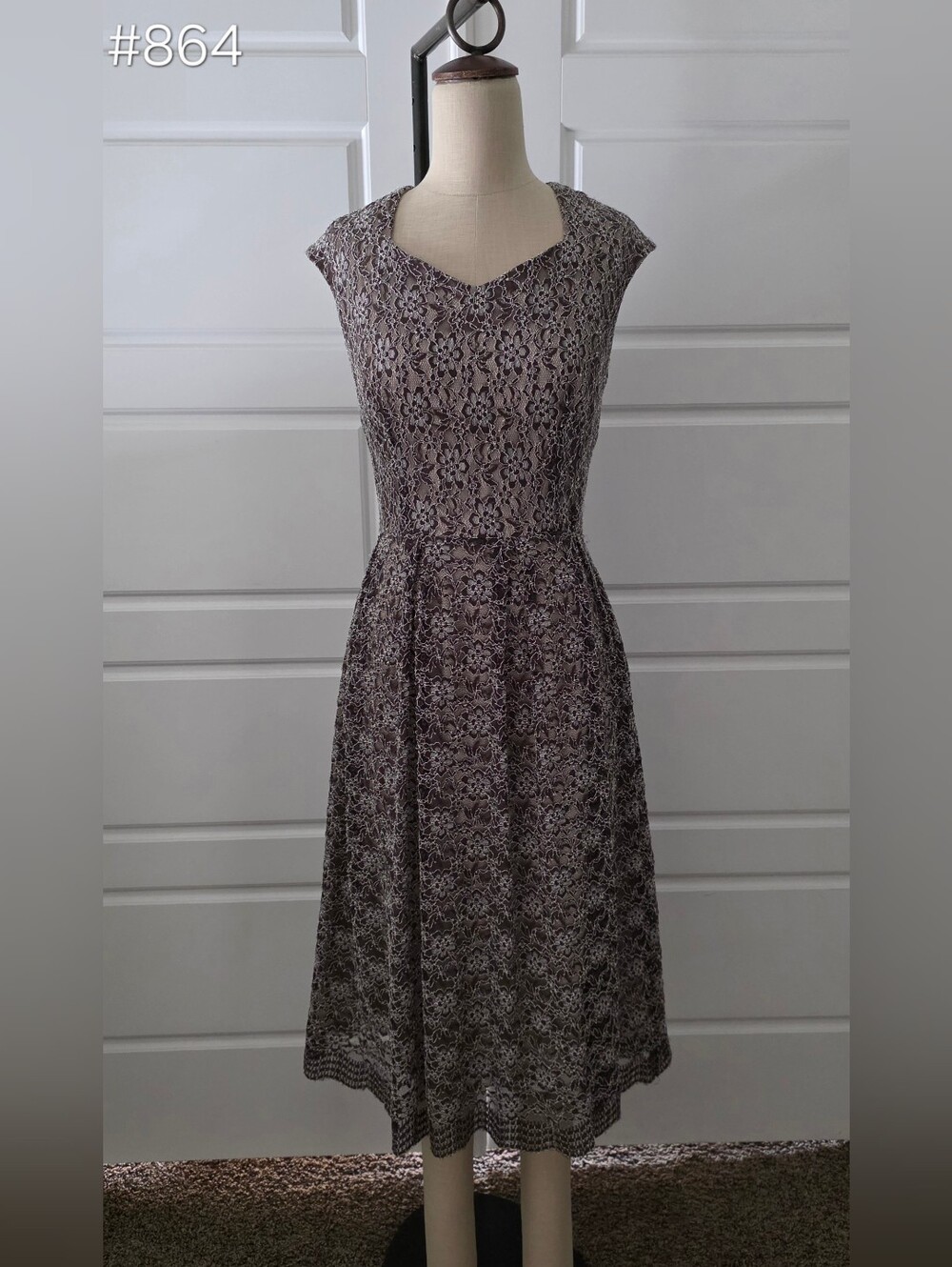 Emma James Brown Lace Midi Dress with Sweetheart Neckline